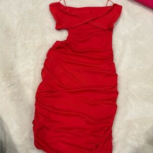 Oh Polly Red Ruched Off-Shoulder Mini Dress